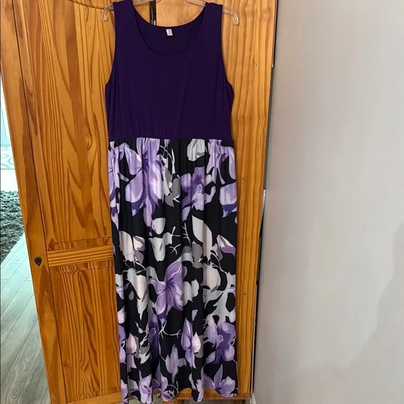 HAWAIIAN FLORAL SUNDRESS DRESS PLUS 2X PURPLE BLACK WHITE SCOOP-NECK STRETCH - Picture 2 of 11